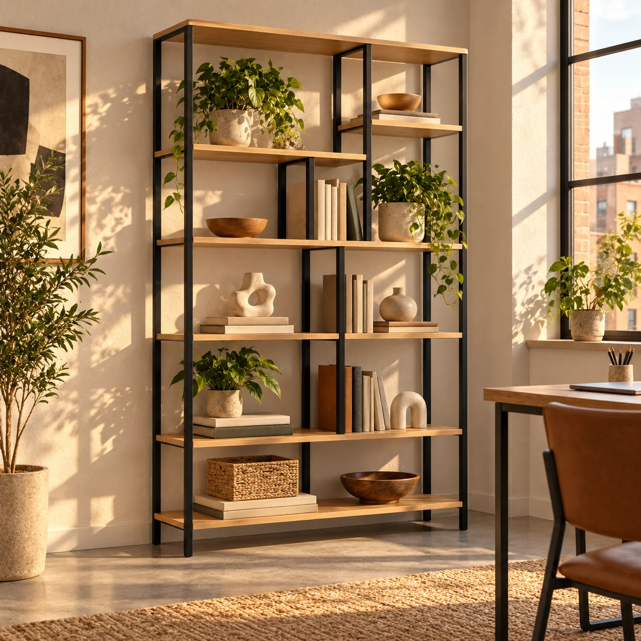 Novacrest Focus Frame Grid Modular Bookcase Natural Oak And Black 05 Room