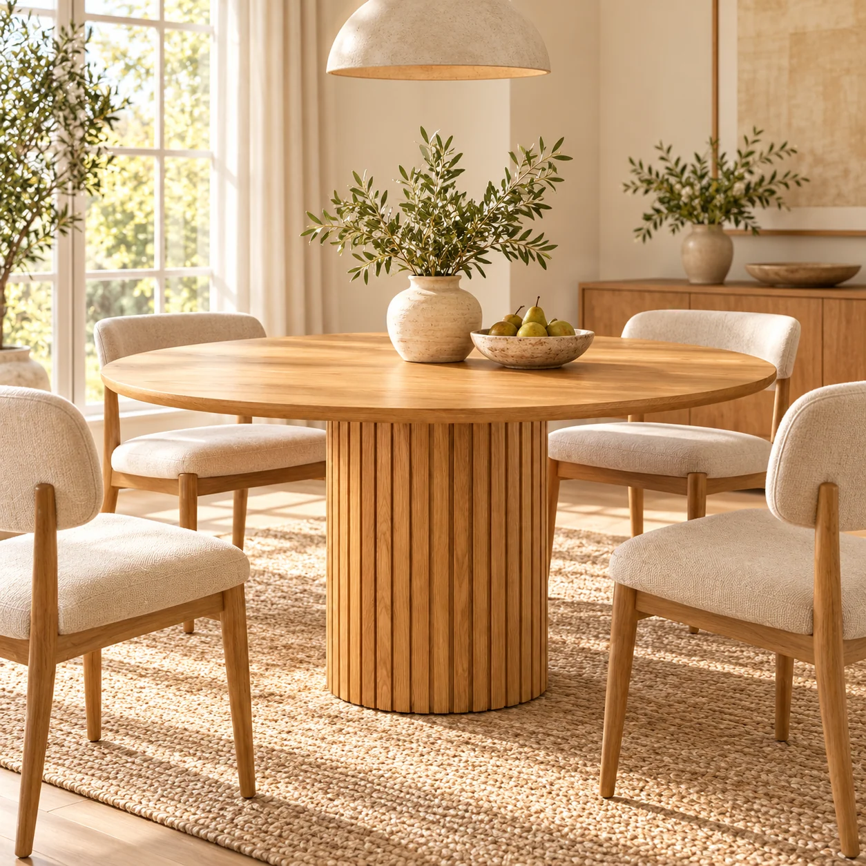 A warm dining room with a round oak table and upholstered chairs