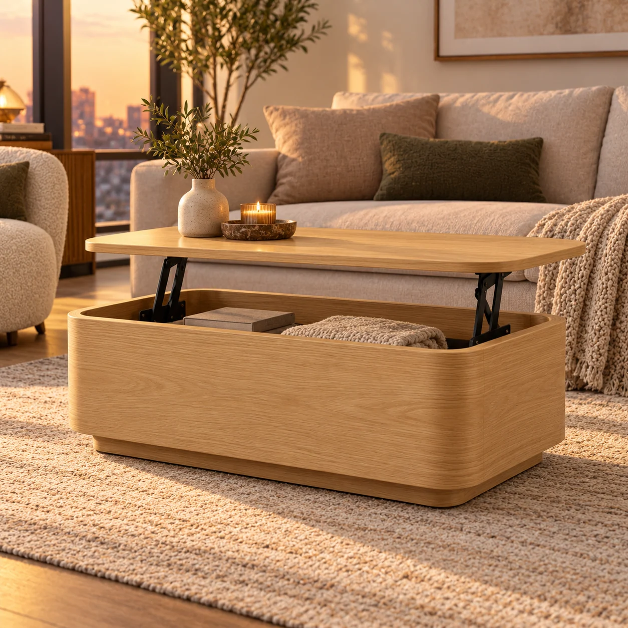 Oak coffee table and soft furnishings in a relaxed living room