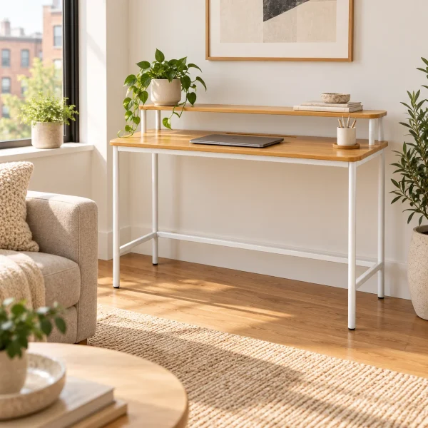 Novacrest Urban Nest Slim Console Desk Natural Bamboo And White 04 Room