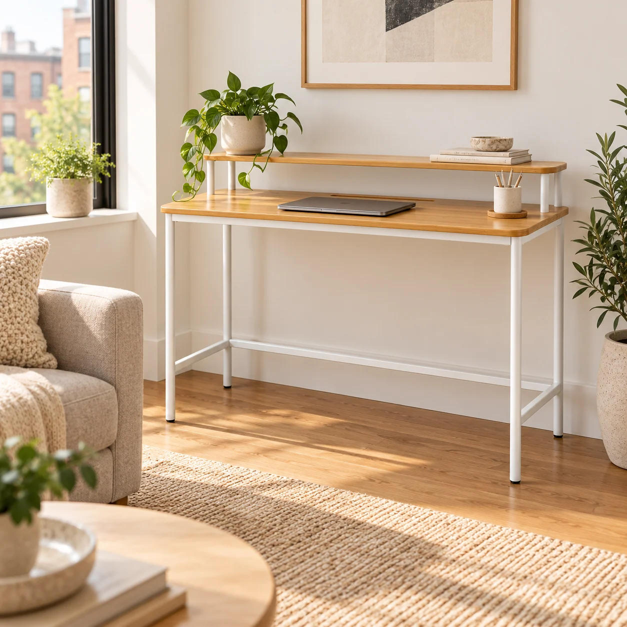 Novacrest Urban Nest Slim Console Desk Natural Bamboo And White 04 Room