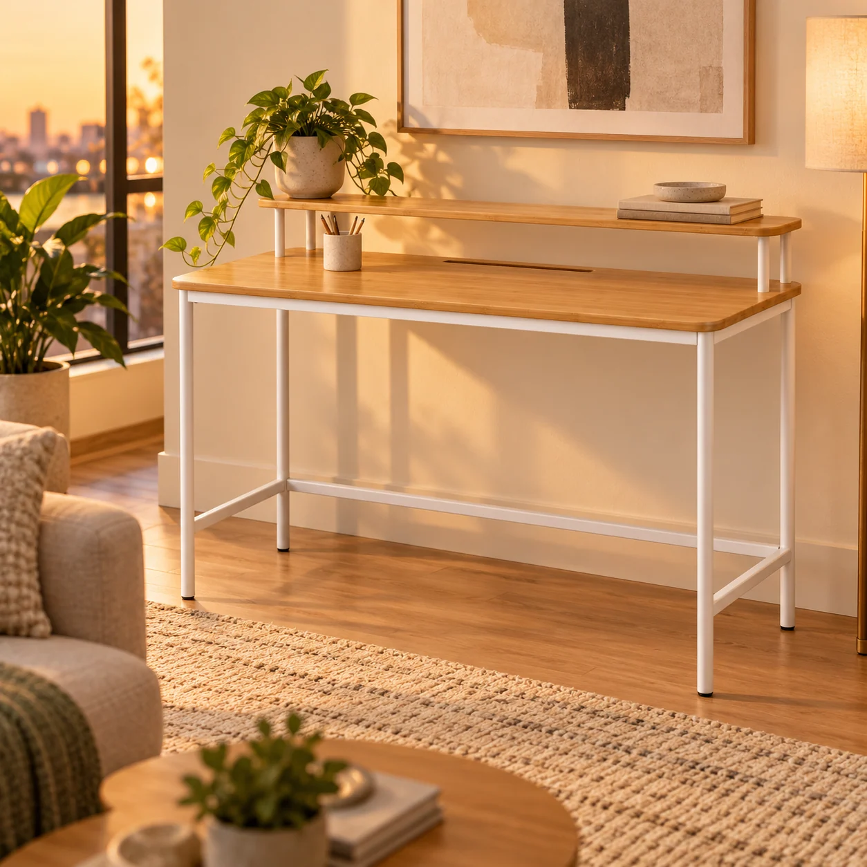 Novacrest Urban Nest Slim Console Desk Natural Bamboo And White 05 Room